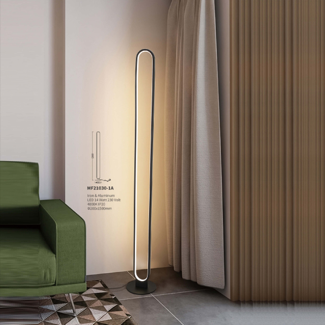 Minimalist iron and aluminum LED floor lamp with a slender, minimalist profile to complement modern decor.