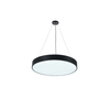 A modern, minimalist LED pendant light fixture with a sleek black metal frame and a white diffused glass or acrylic panel