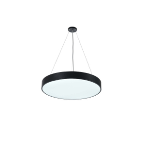 A modern, minimalist LED pendant light fixture with a sleek black metal frame and a white diffused glass or acrylic panel