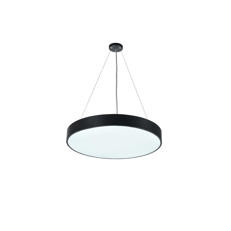 A modern, minimalist LED pendant light fixture with a sleek black metal frame and a white diffused glass or acrylic panel