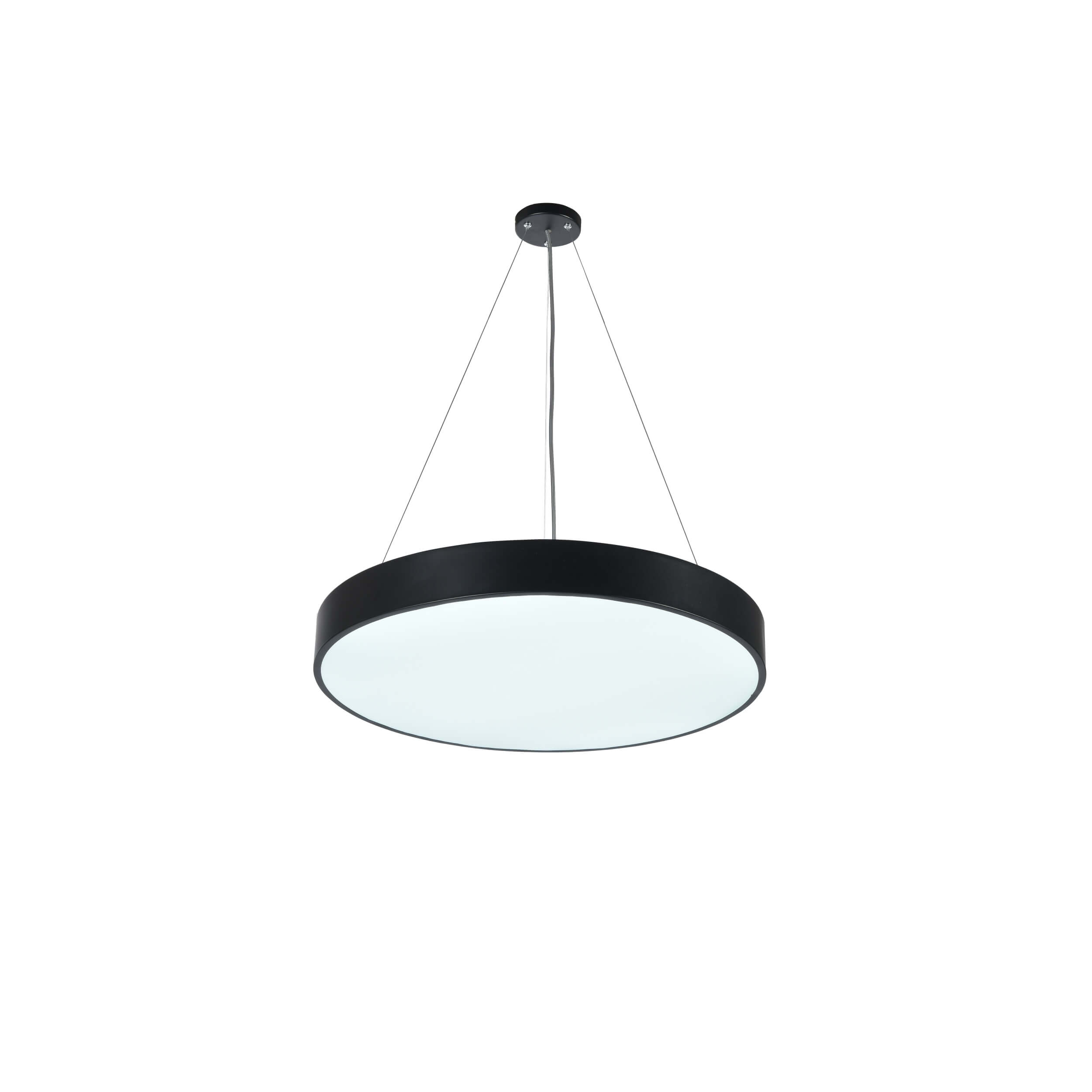 A modern, minimalist LED pendant light fixture with a sleek black metal frame and a white diffused glass or acrylic panel
