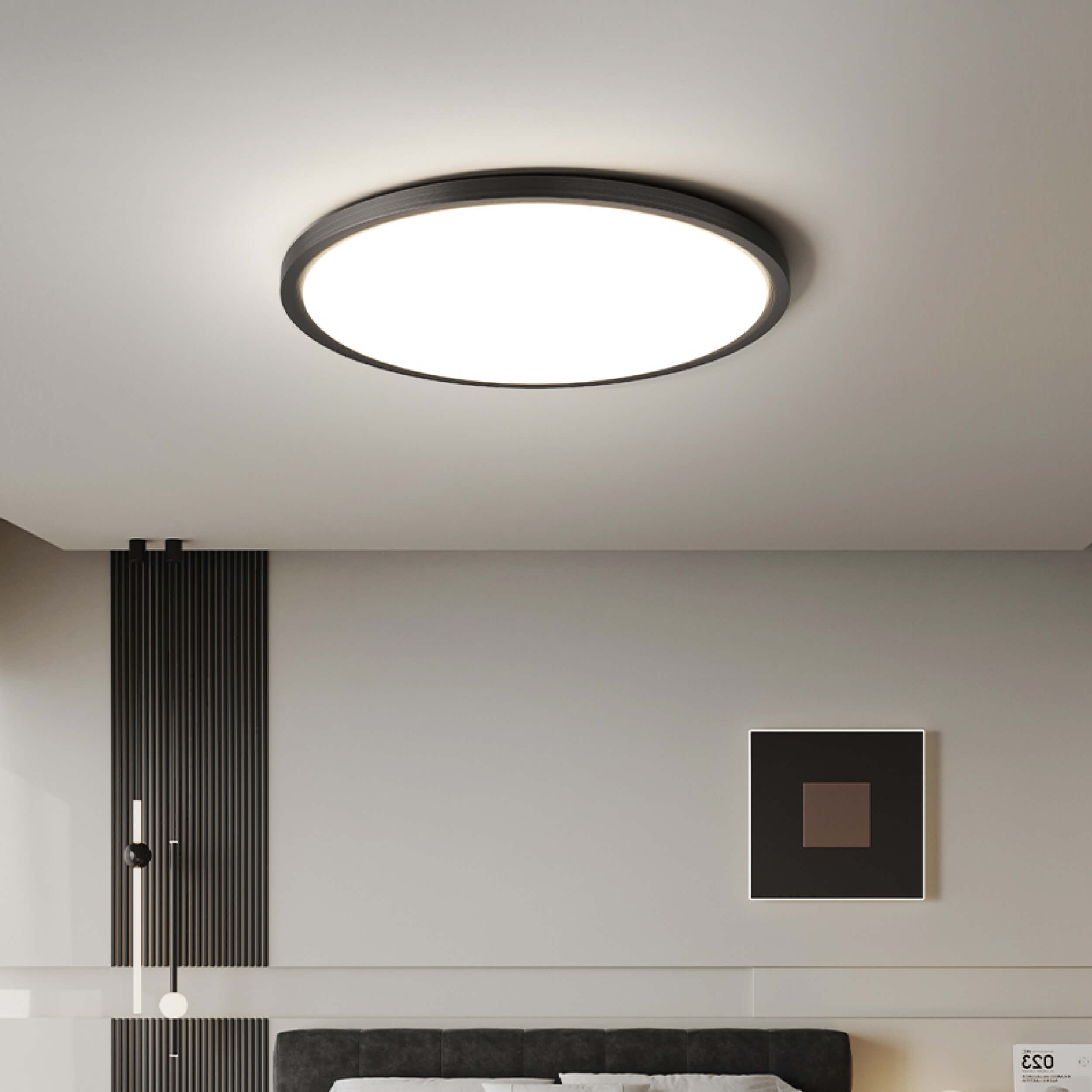 flush mounted round plate led ceiling light installed in bedroom