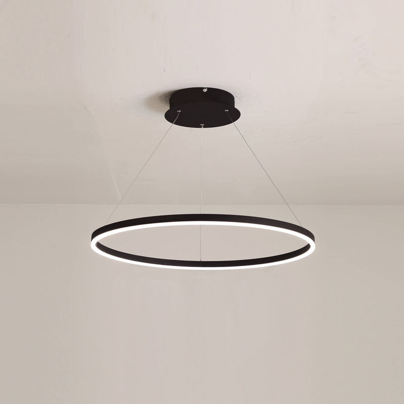 Brass-finished circular hanging light fixture featuring layered LED illumination and clean lines