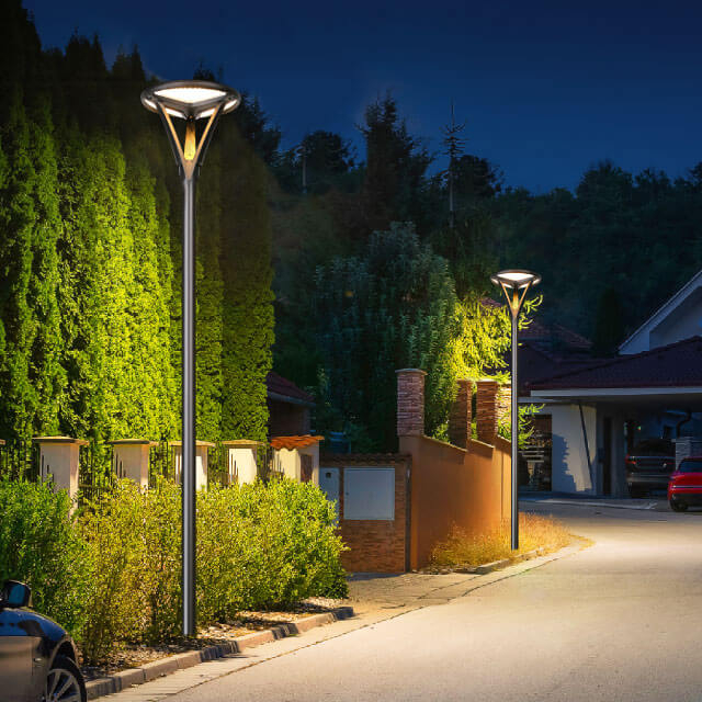 solar lights for yard installed in a park with beautiful lighting ambient