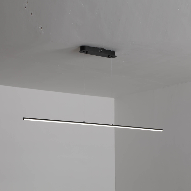 Linear LED Pendant Light Over Kitchen Island - Brushed nickel finish with adjustable hanging height for contemporary spaces